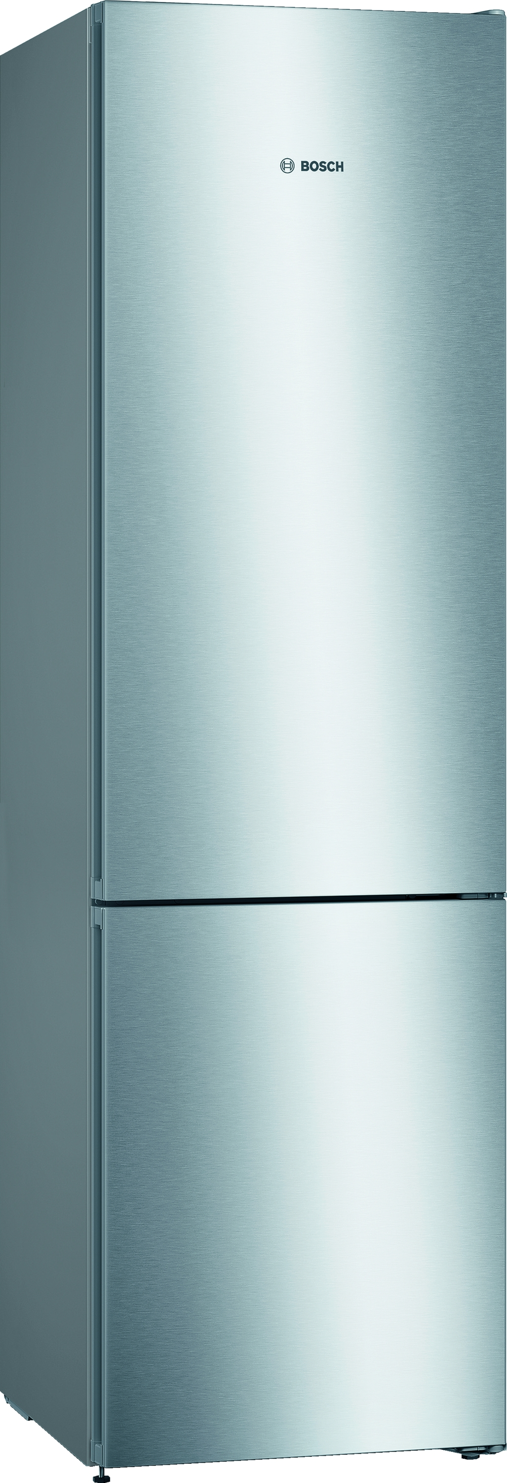 Un refrigerador Bosch plateado. El refrigerador tiene una sección superior y una inferior.