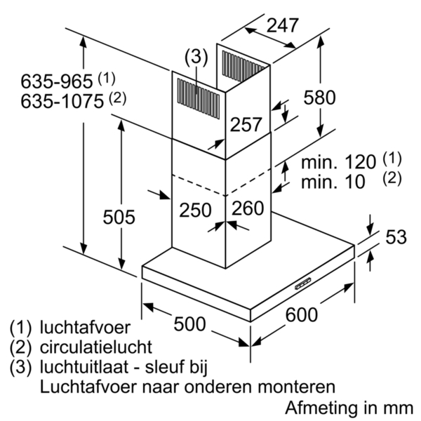 Diagram of a Bosch range hood, with dimensions and measurements.