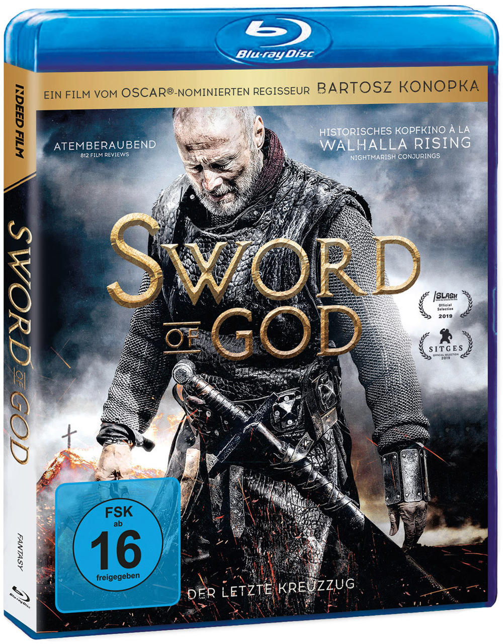 Blu-ray-Disc-Cover mit einem Mann, der ein Schwert hält.