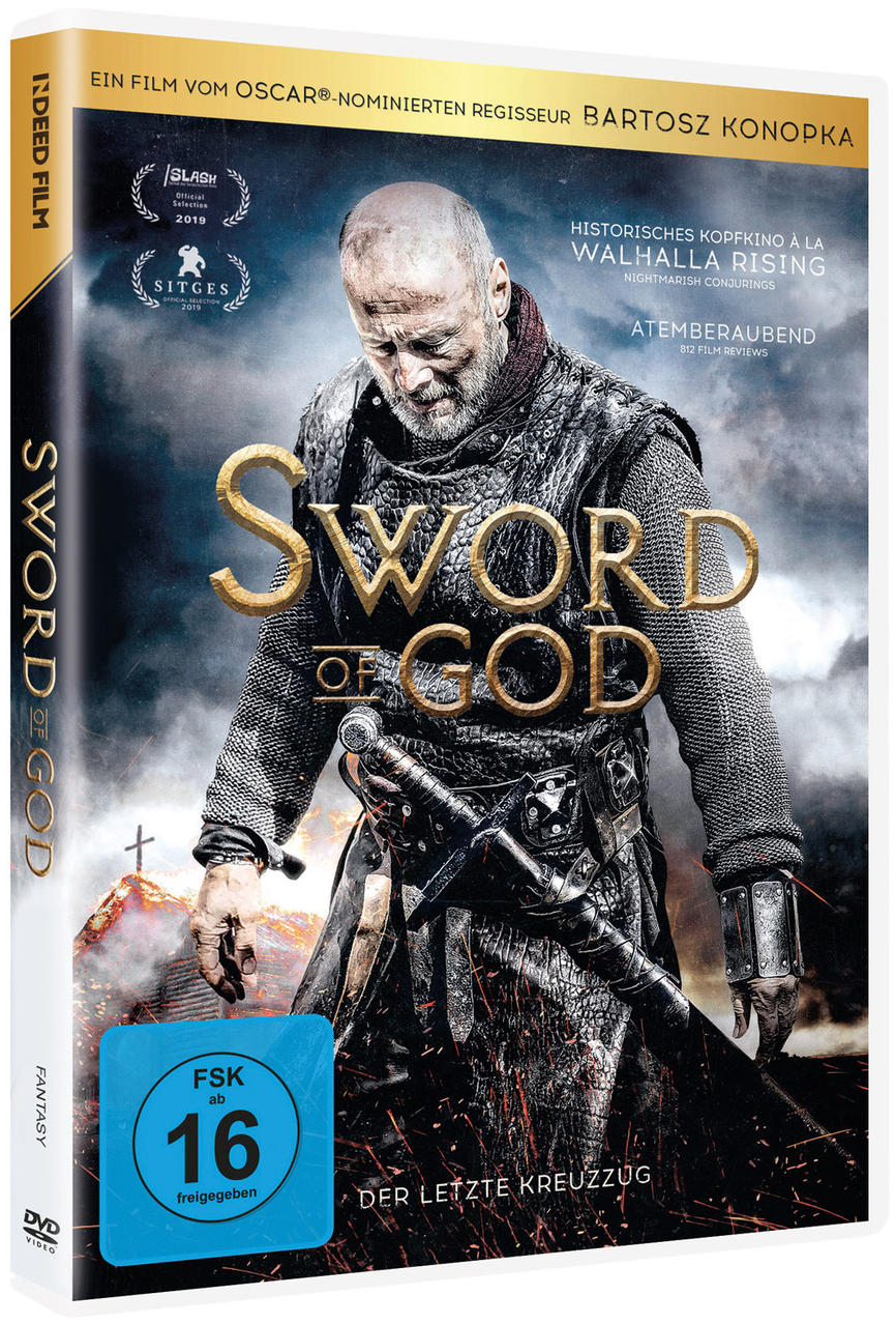 DVD-Cover des Films 'Sword of God' mit Mann in Rüstung, der ein Schwert hält.