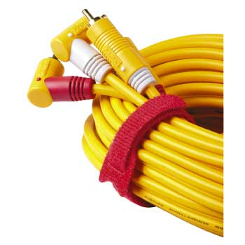 Gelbes Kabel mit rotem Klettverschluss und gelben Steckern.