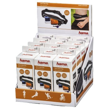 Verpackte Sport-Hüfttaschen in einem Display-Ständer mit Produktbildern und Symbolen.