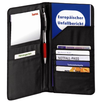 Schwarze Dokumententasche aus Leder mit Notizblock, Stift, Unfallbericht und mehreren Karten.