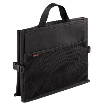 Schwarze Tragetasche mit Griff und vorderer Netztasche auf weißem Hintergrund.