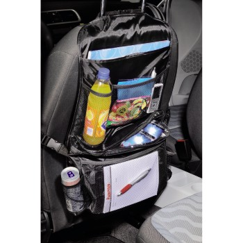 Schwarzer Auto-Rücksitztaschenorganizer mit Flasche, Schreibblock und Utensilien in den Fächern.