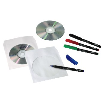 CDs, CD-Hüllen und farbige Permanentmarker.