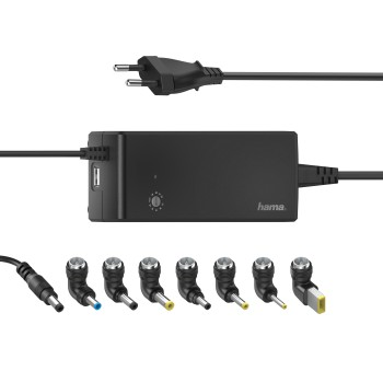 Schwarzer Netzadapter mit verschiedenen Aufsätzen, USB-Anschluss und Stecker.