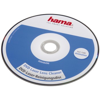 Eine DVD-Laserlinsen-Reinigungsdisc, weiß und blau, mit der Marke Hama.