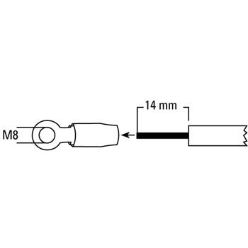 Ein Diagramm, das ein Verbindungskabel mit Messungen und Text zeigt.