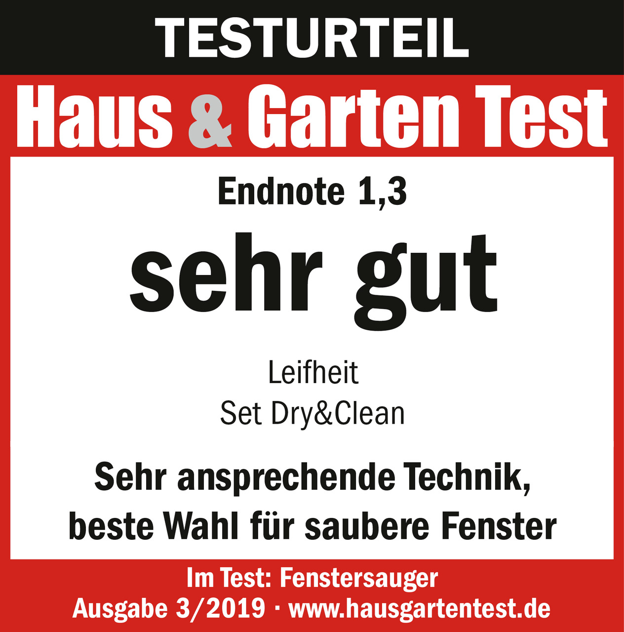 Testergebnis-Aufkleber mit Text auf Deutsch. Liest 'sehr gut' und andere Details. Weißer Hintergrund.