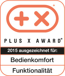 Plus X Award Logo, orange-schwarz, Text: Bedienkomfort, Funktionalität.