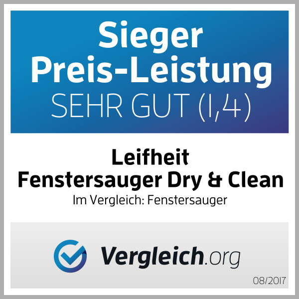 Eine blau-weiße Grafik mit Text zu einem Fensterreinigerprodukt, mit einem Häkchen.