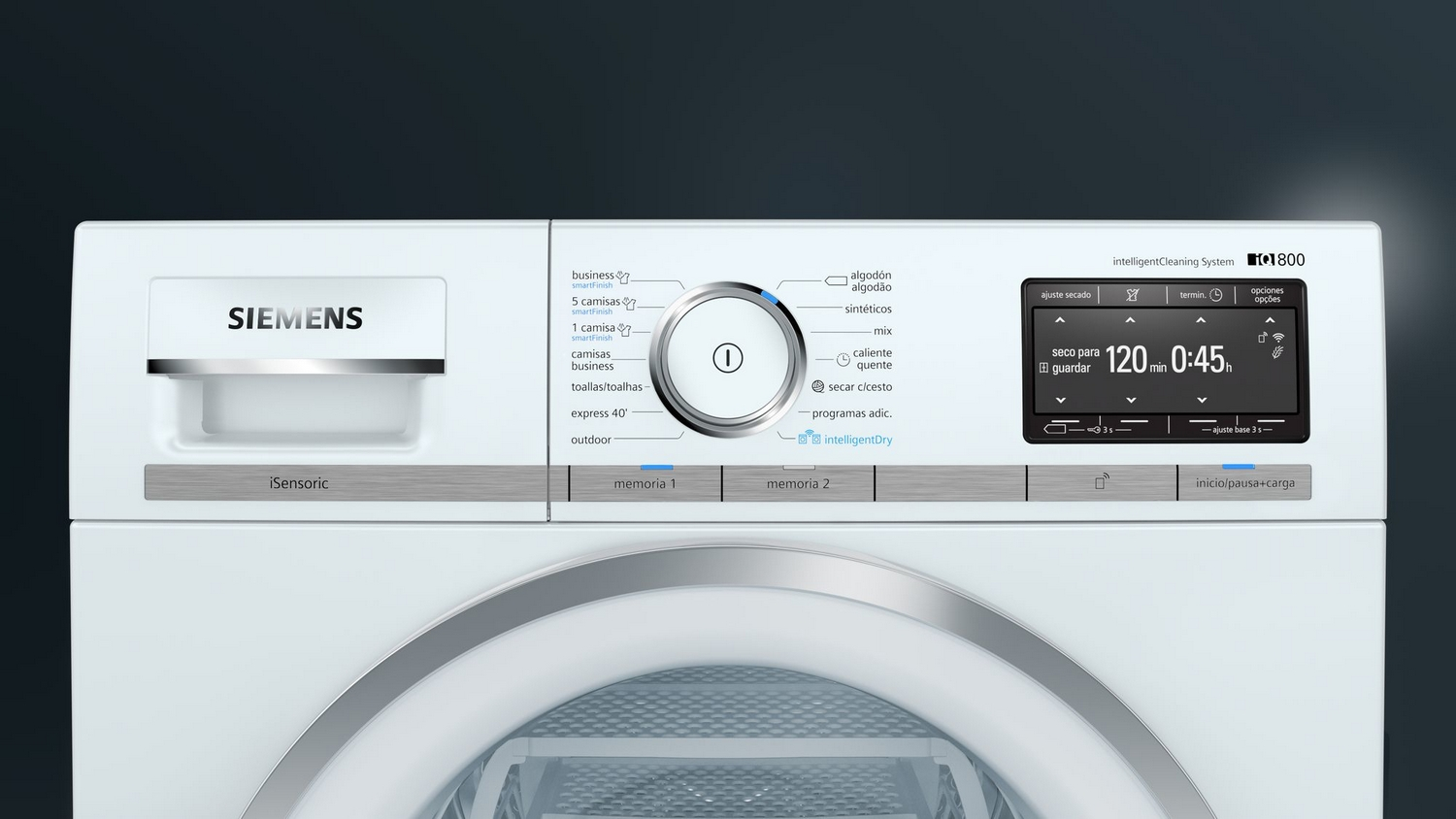 Primer plano del panel de control de una lavadora Siemens blanca con pantalla digital.