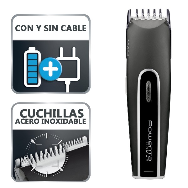 Recortadora con iconos de batería, enchufe y cuchillas. Texto 'Con y sin cable' y 'Cuchillas acero inoxidable'.