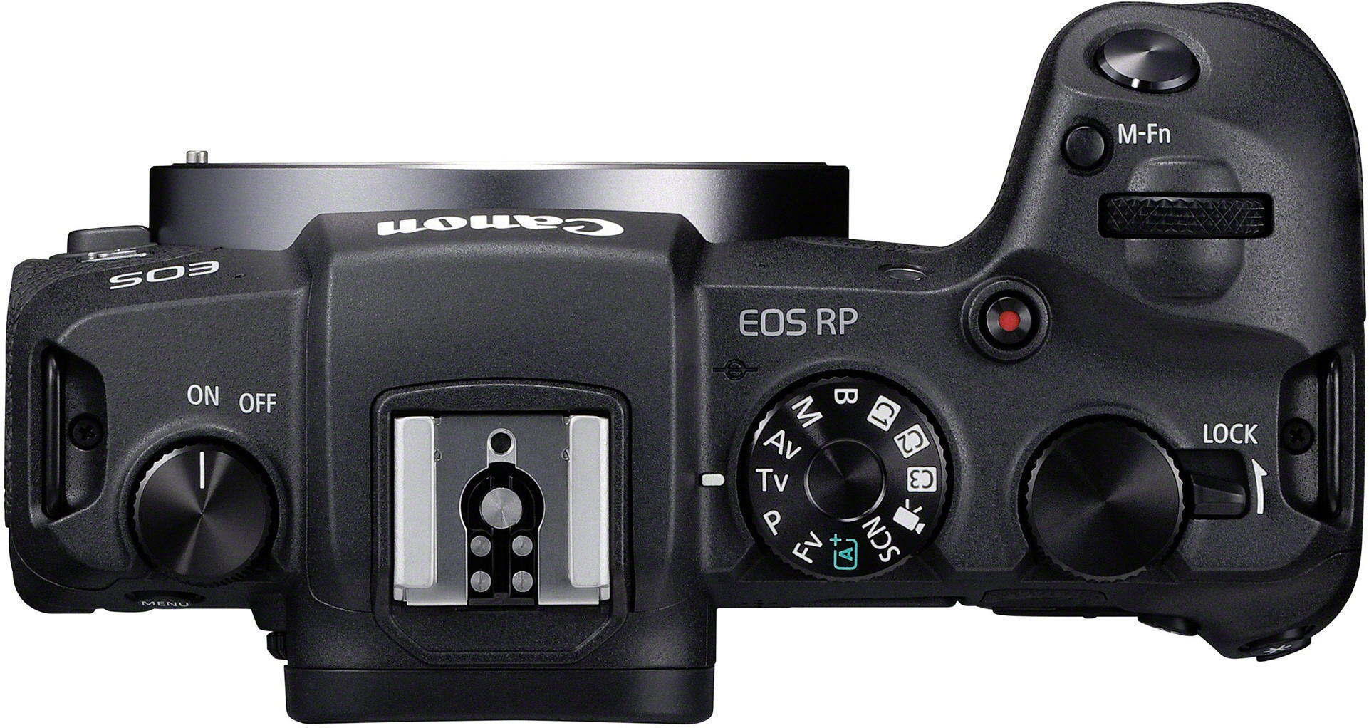 Draufsicht auf eine schwarze Canon EOS RP Kamera.