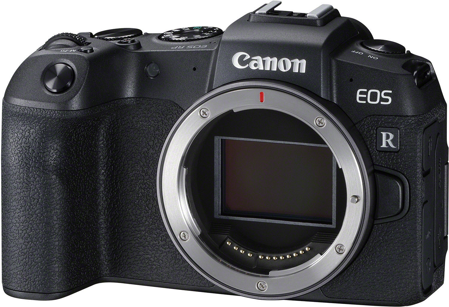 Schwarze Canon EOS R Kamera ohne Objektiv, zeigt Sensor und Objektivanschluss.