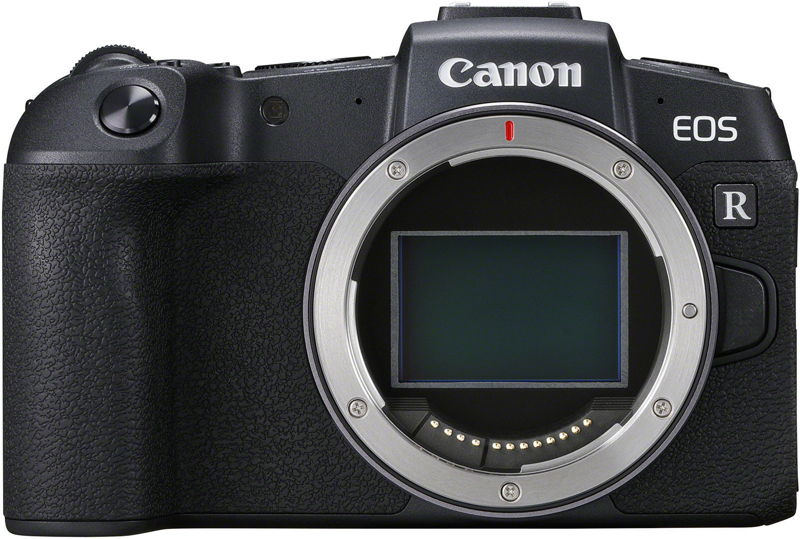 Eine schwarze Canon EOS R Kamera ist im Bild.