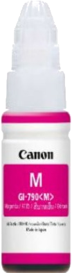 Bouteille d'encre magenta Canon avec bouchon blanc.