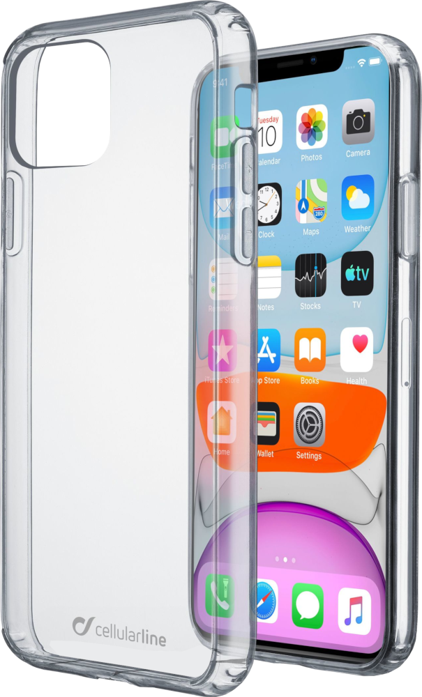 Transparante telefoonhoes met telefoon erin. Telefoon toont apps. De hoes is van Cellularline.