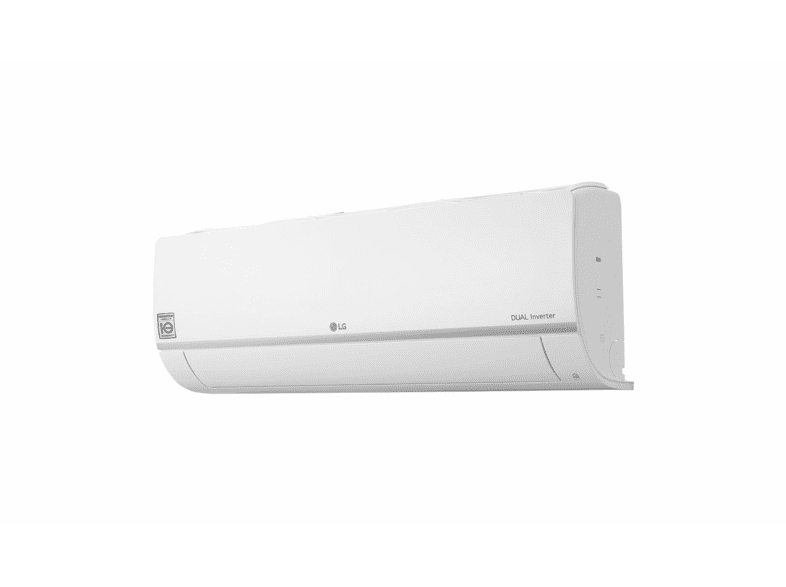Un aire acondicionado LG Dual Inverter blanco, aislado sobre un fondo blanco. Es un diseño elegante y moderno.