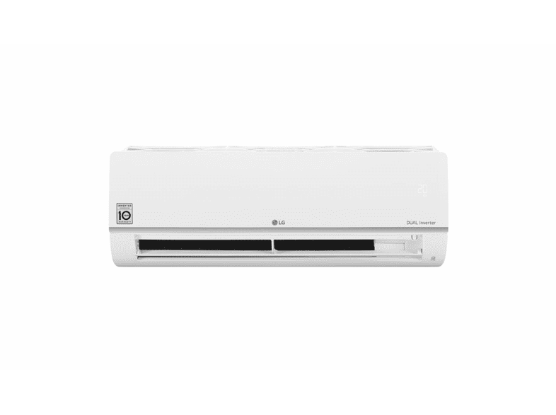Aire acondicionado blanco en una pared blanca, con el texto DUAL Inverter.