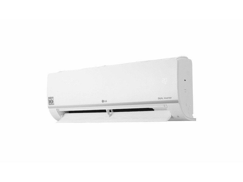 Un aire acondicionado LG blanco sobre un fondo blanco. Tiene un diseño elegante y moderno.
