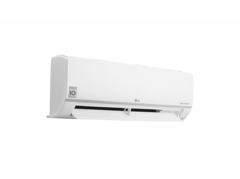 Unidad de aire acondicionado LG blanca con un inversor dual, sobre fondo negro.