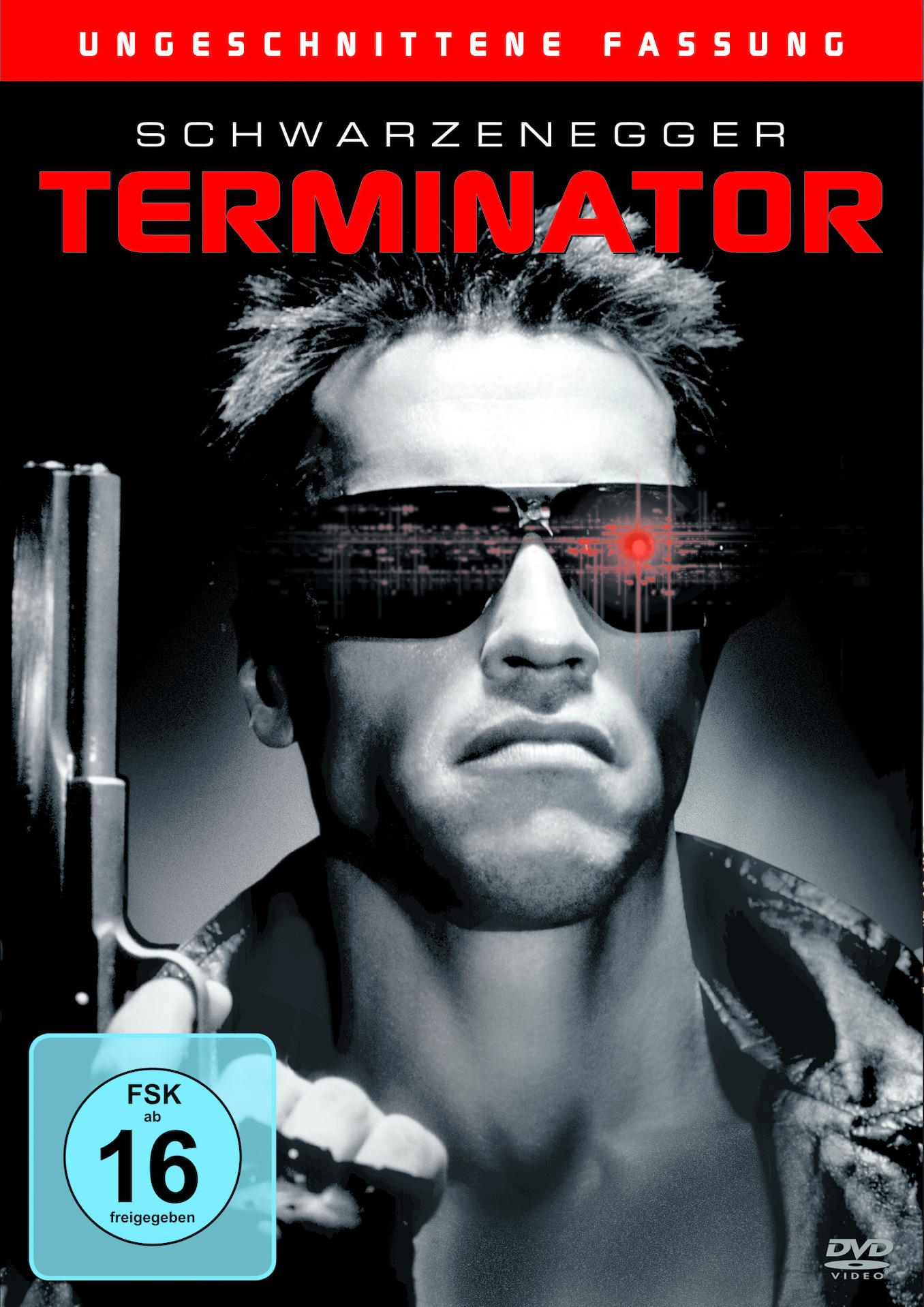 Terminator DVD-Cover. Arnold Schwarzenegger mit einer Waffe und Sonnenbrille. Titel: Terminator.