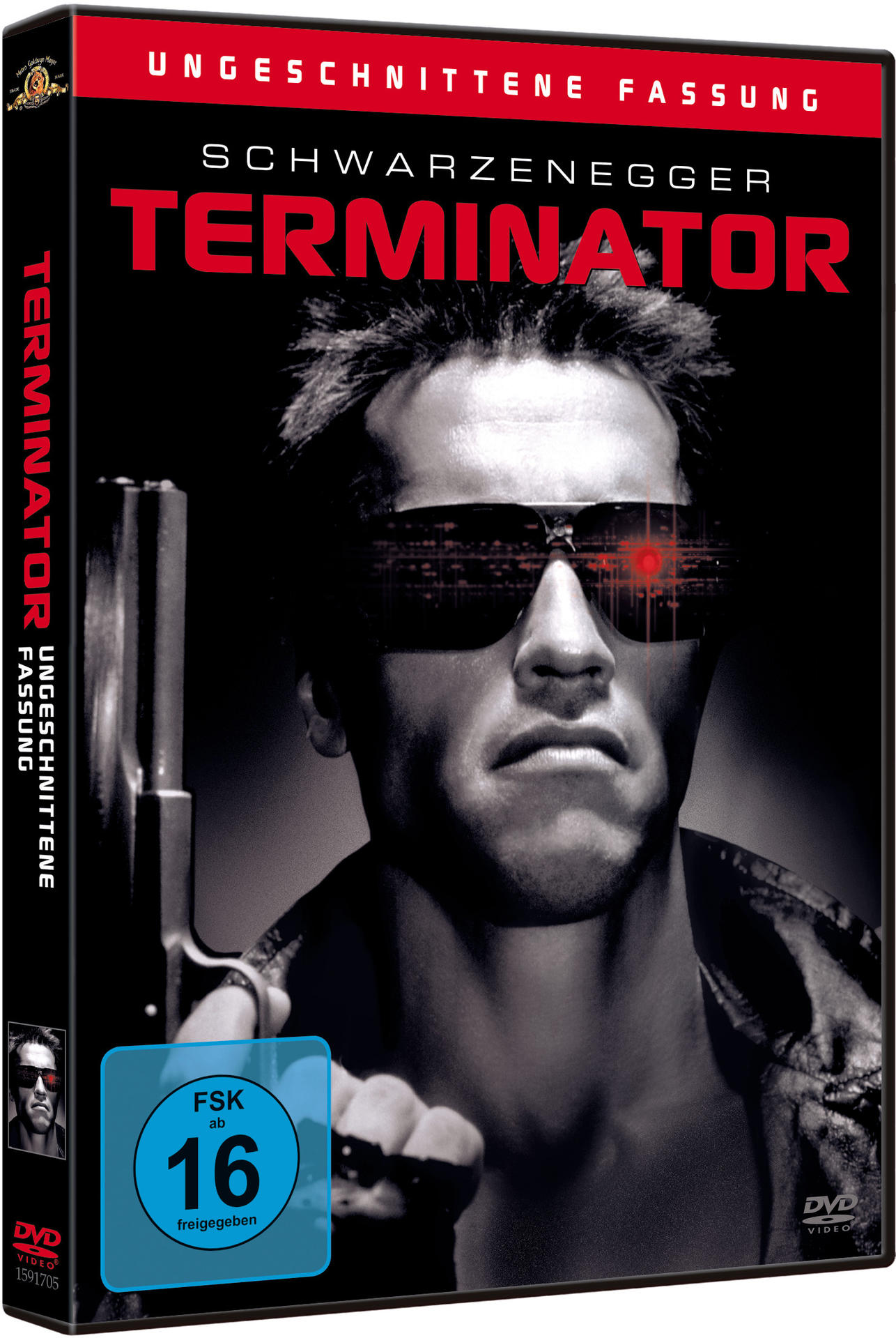 Filmplakat, Arnold Schwarzenegger, Terminator, hält eine Waffe, Schwarz und Rot dominieren.