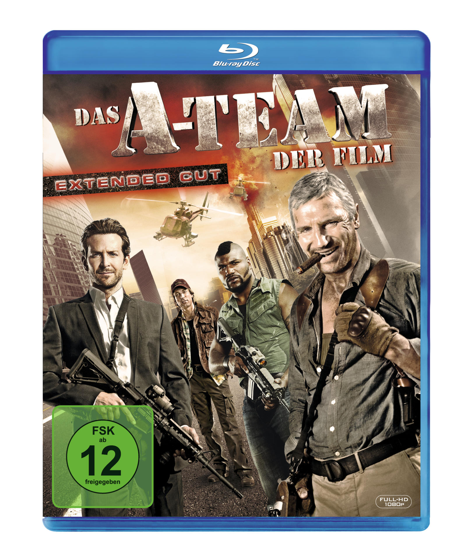 Blu-ray-Cover für 'Das A-Team'. Zeigt Filmbesetzung mit Waffen und Stadtkulisse.