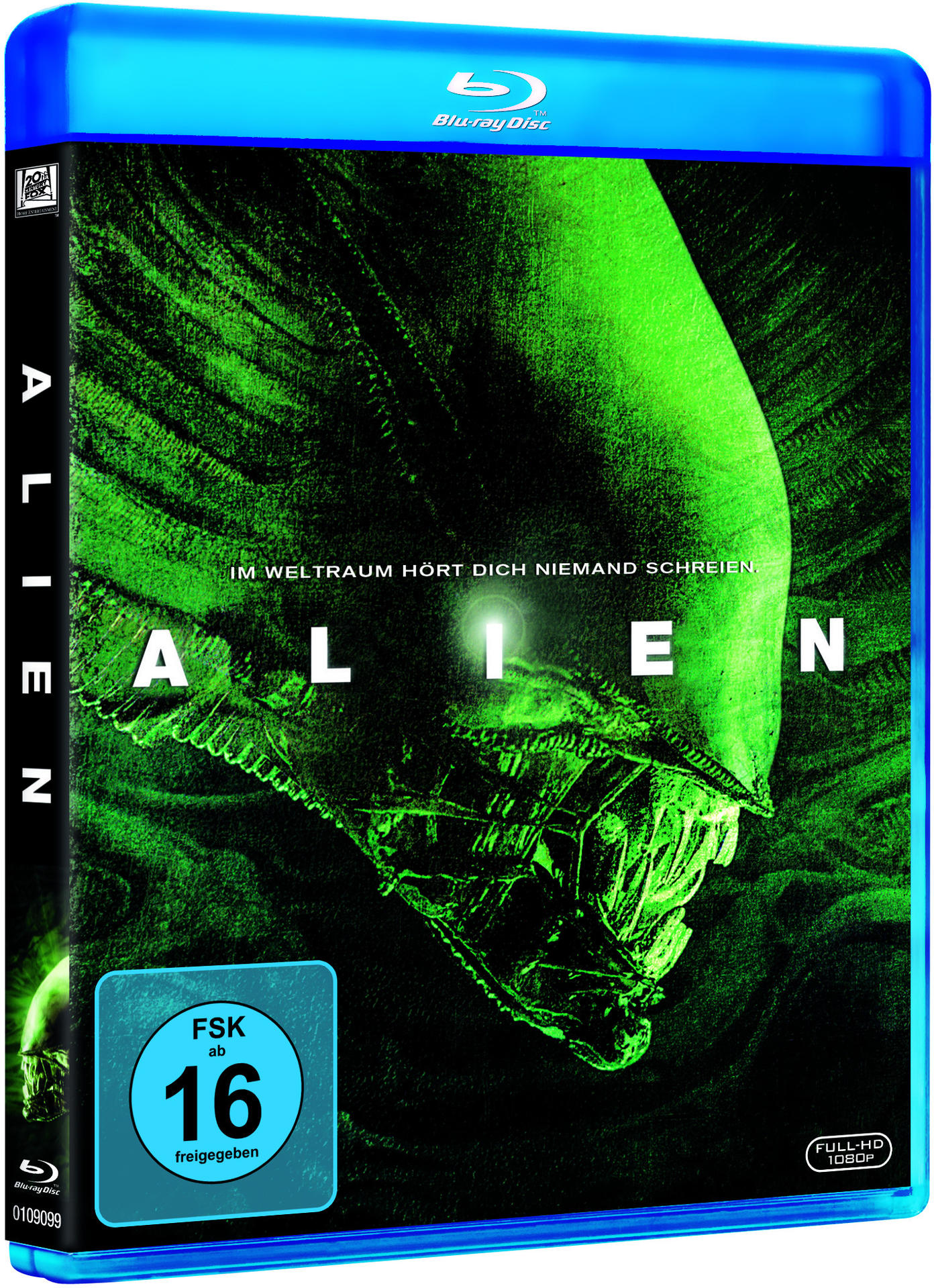 Alien Blu-Ray-Disc-Cover. Ein grünes Alien-Gesicht mit dem Titel.