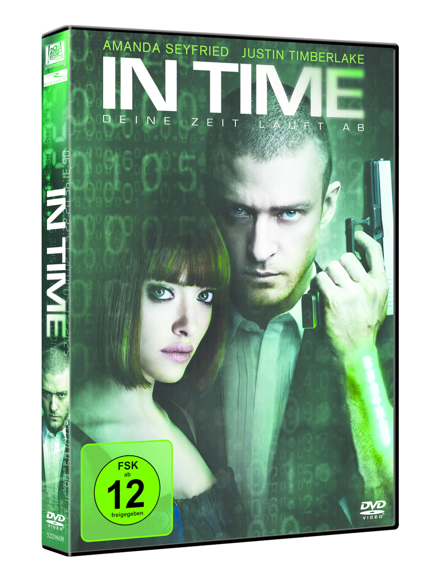 DVD-Cover von 'In Time', Amanda Seyfried und Justin Timberlake. Grüner Hintergrund mit Zeitgrafiken.