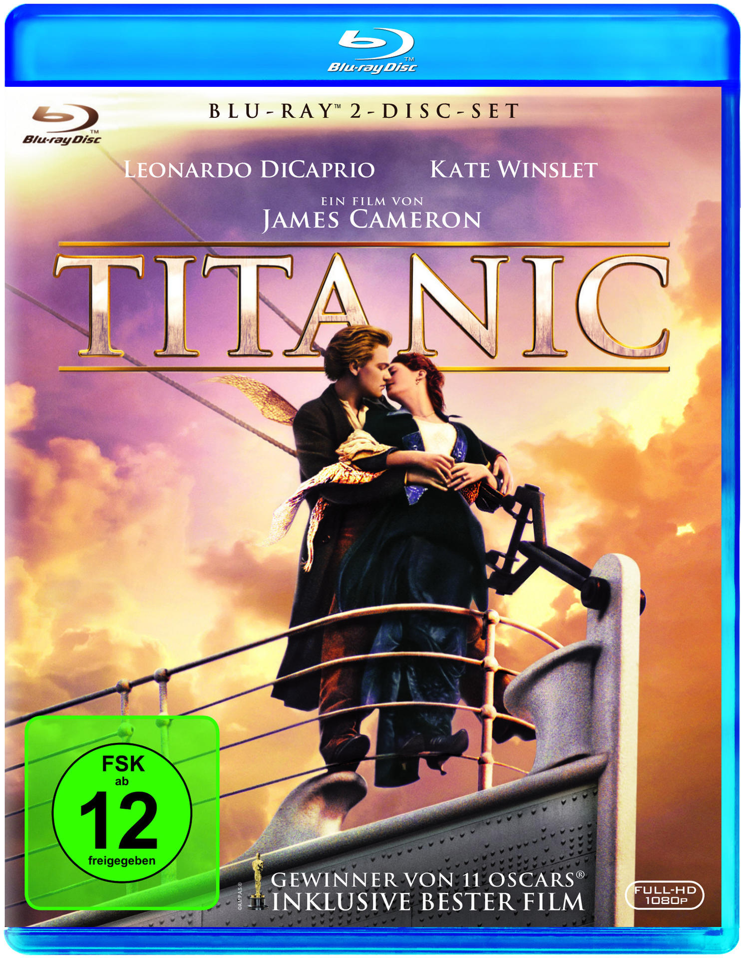 Titanic Blu-ray-Cover. Ein Paar küsst sich auf einem Schiffsdeck, mit dem Filmtitel in Gold.
