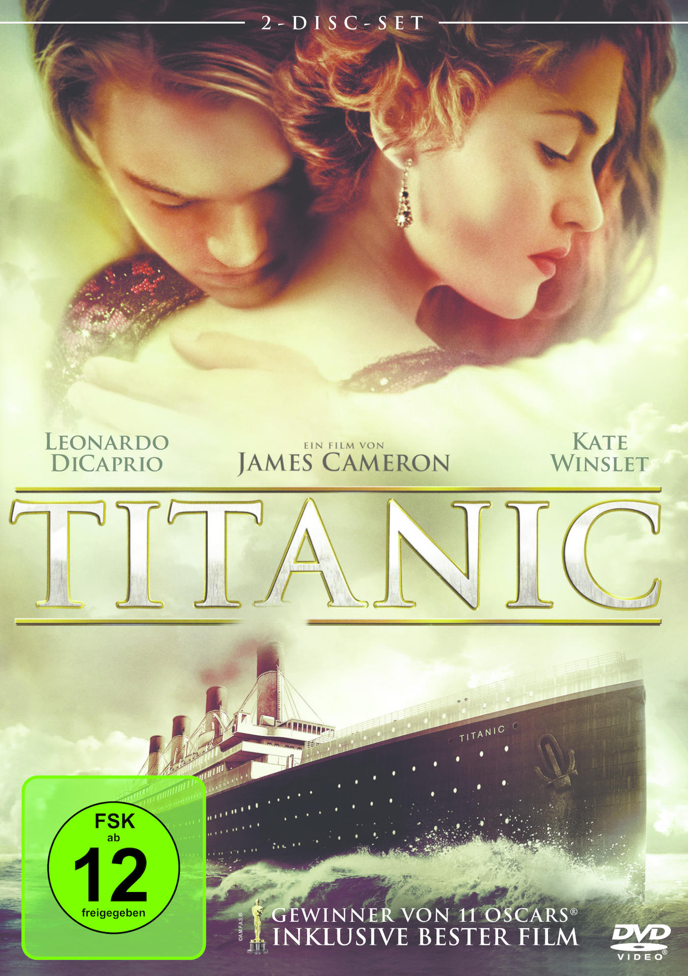 Titanic-DVD-Cover mit Leonardo DiCaprio und Kate Winslet, mit einem Schiff im Hintergrund.