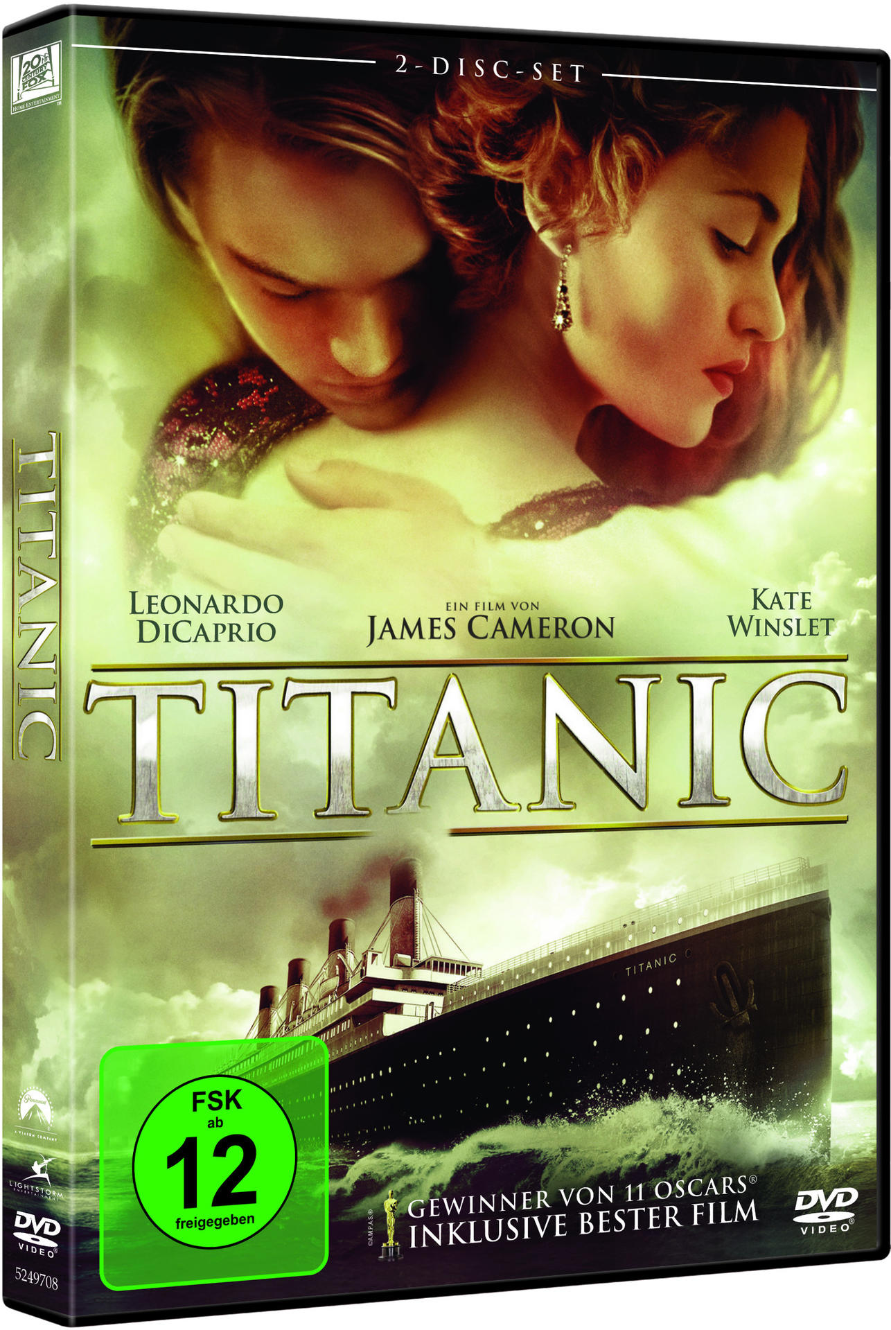 Titanic DVD-Hülle mit Leonardo DiCaprio und Kate Winslet. Das Schiff Titanic ist unten abgebildet.