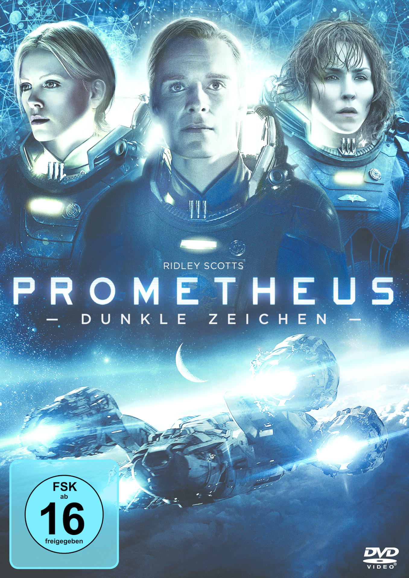 Filmplakat mit drei Personen in futuristischen Outfits. Text: RIDLEY SCOTT'S PROMETHEUS - DUNKLE ZEICHEN.