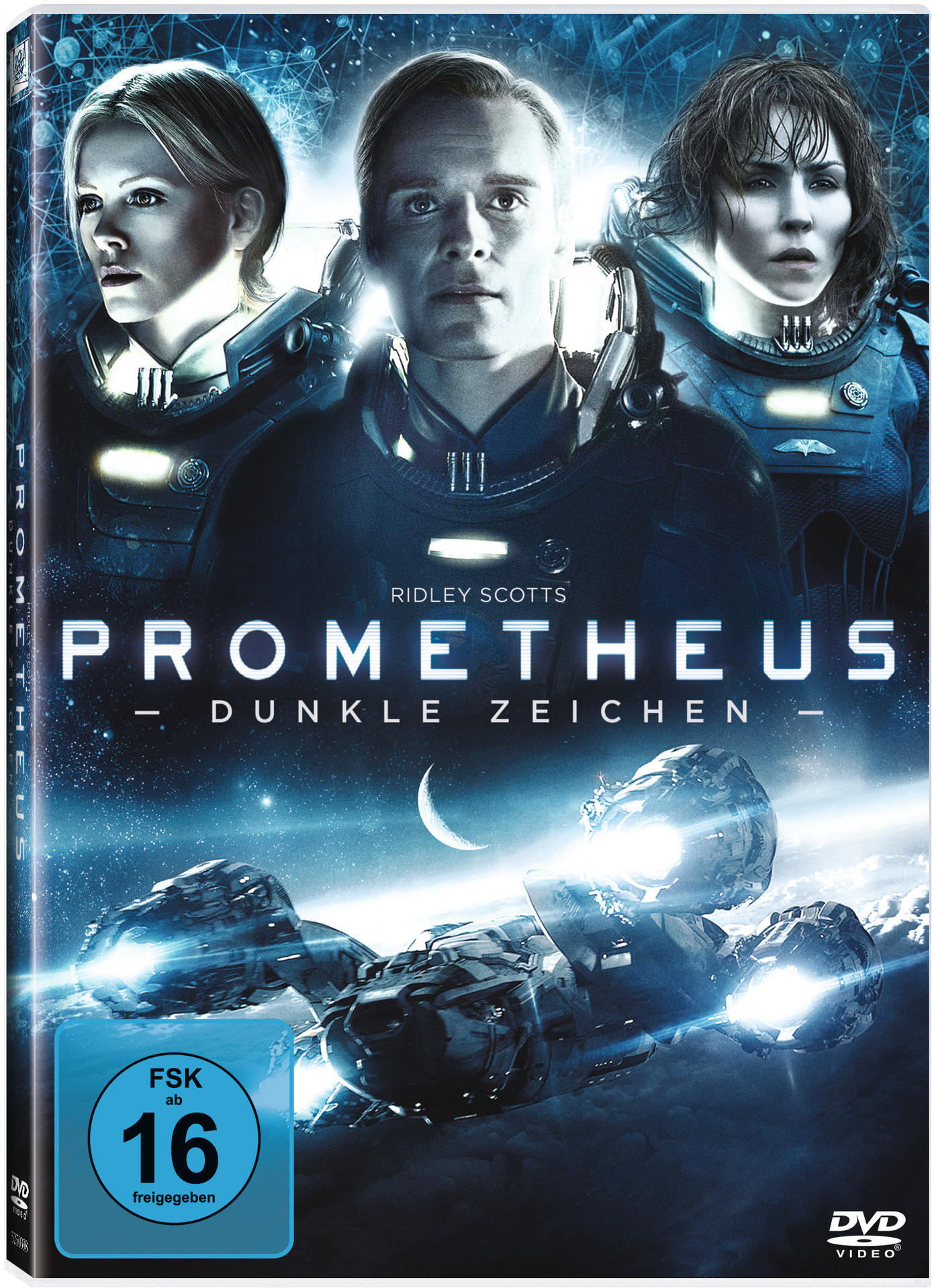 Filmcover von 'Prometheus - Dunkle Zeichen' mit Schauspielern und Weltraumszene.