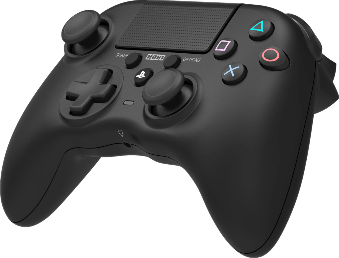 Schwarzer Hori Playstation-Controller mit Knöpfen, Sticks und Kopfhöreranschluss.