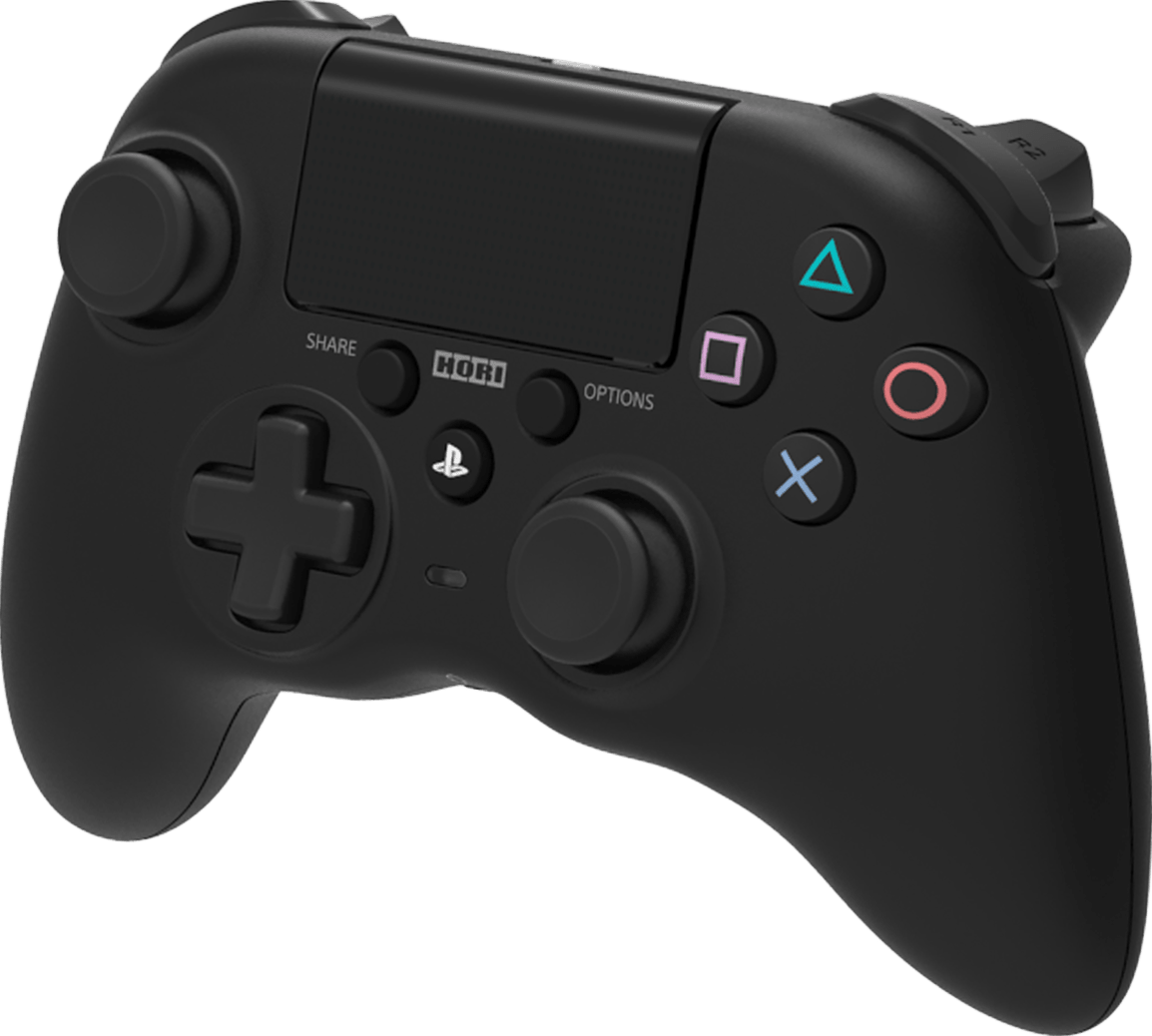 Schwarzer Hori PS4-Controller. Share, Options, D-Pad, Sticks und Aktionstasten.
