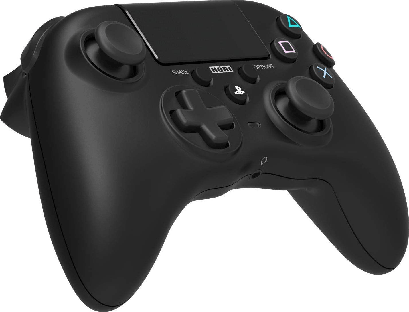 Ein schwarzer PlayStation 4 Controller der Marke Hori. Er hat schwarze Knöpfe und Joysticks.