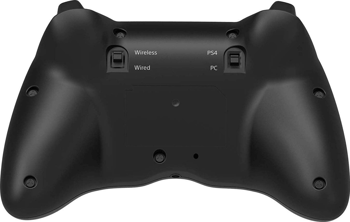 Schwarzer Gamecontroller. Tasten für PS4- und PC-Auswahl. Wired/Wireless-Schalter. Rückansicht des Controllers.