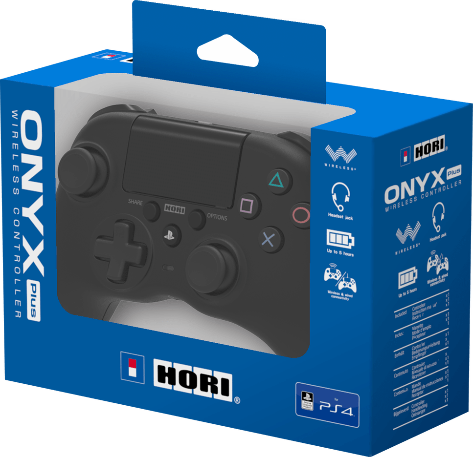 Ein schwarzer kabelloser Gamecontroller in seiner Box, mit Knöpfen und dem Hori-Logo.