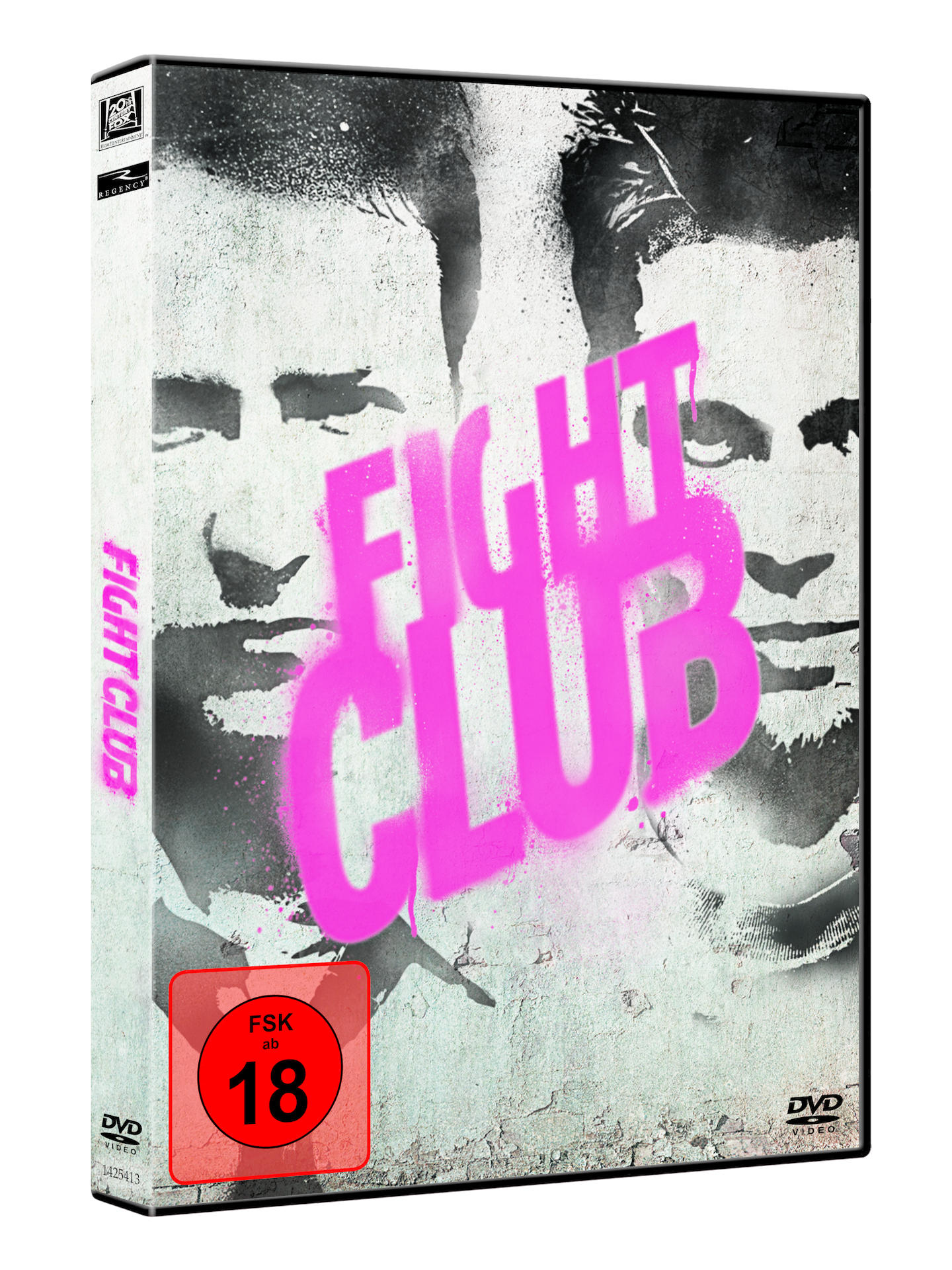 DVD-Hülle für Fight Club. Gesichter von zwei Männern. Rosa Text. Rotes Bewertungsschild und DVD-Logo. Filmbox.