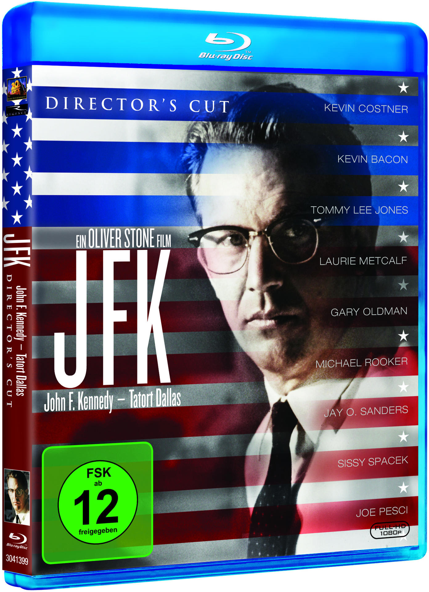 JFK Blu-ray-Disc-Cover. Ein Mann mit Brille steht im Zentrum, mit Text und Schauspielernamen.