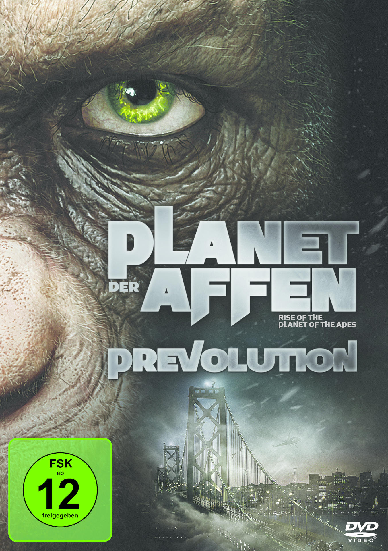 Filmcover: Planet der Affen Gesicht Detail. Titel 'Planet der Affen: Prevolution', FSK 12-Bewertung.