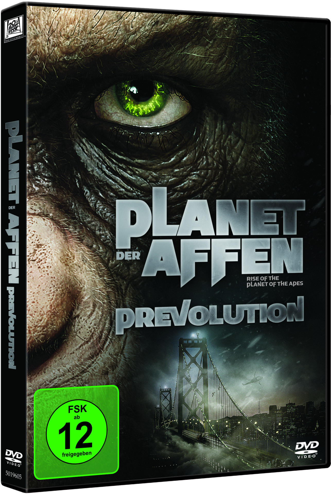 DVD-Cover von Planet der Affen: Prevolution mit Affenauge und Golden Gate Bridge.