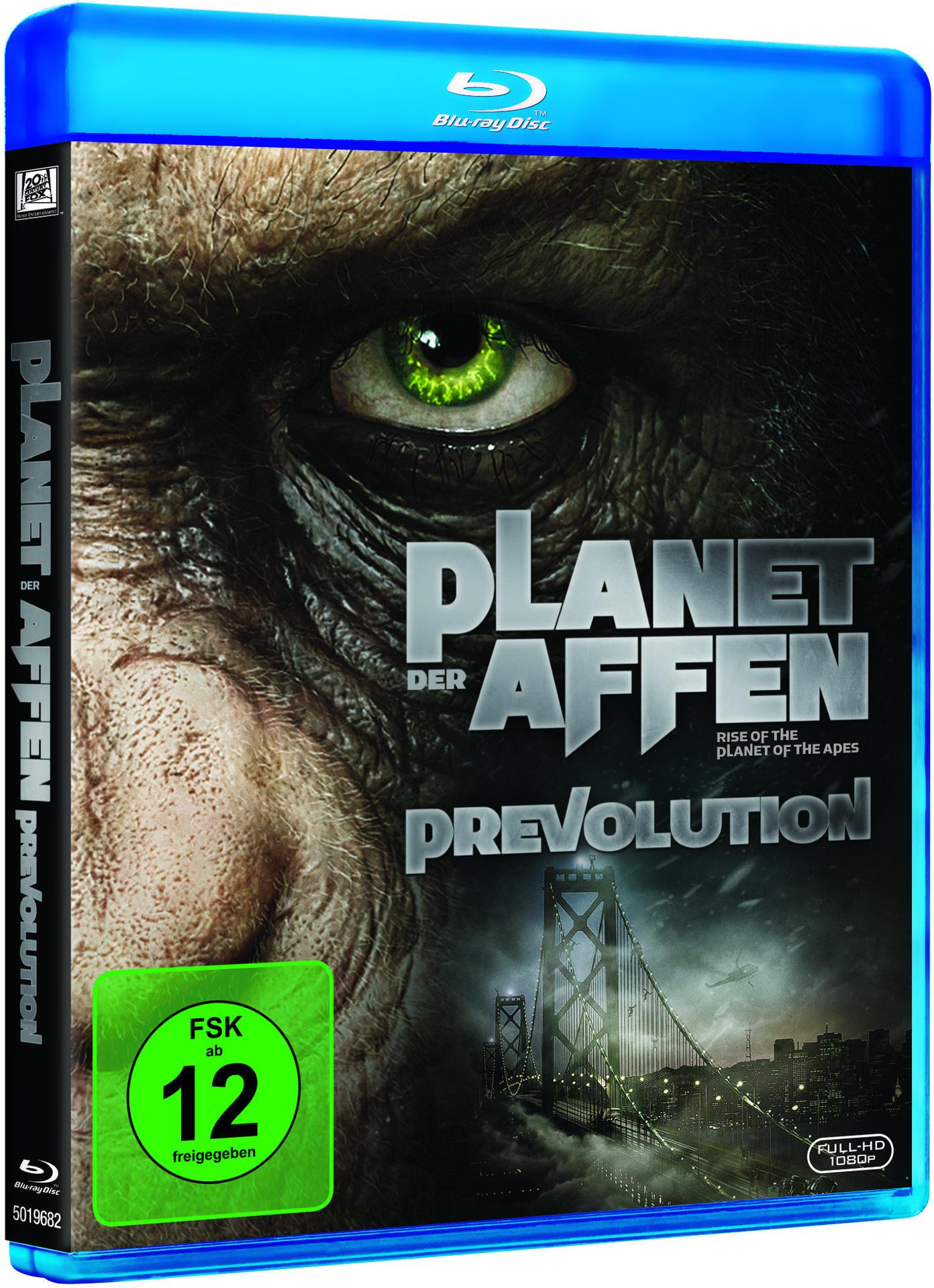 Blu-ray Hülle für 'Planet der Affen: Prevolution'. Zeigt ein Affenauge und eine Stadt im Hintergrund.