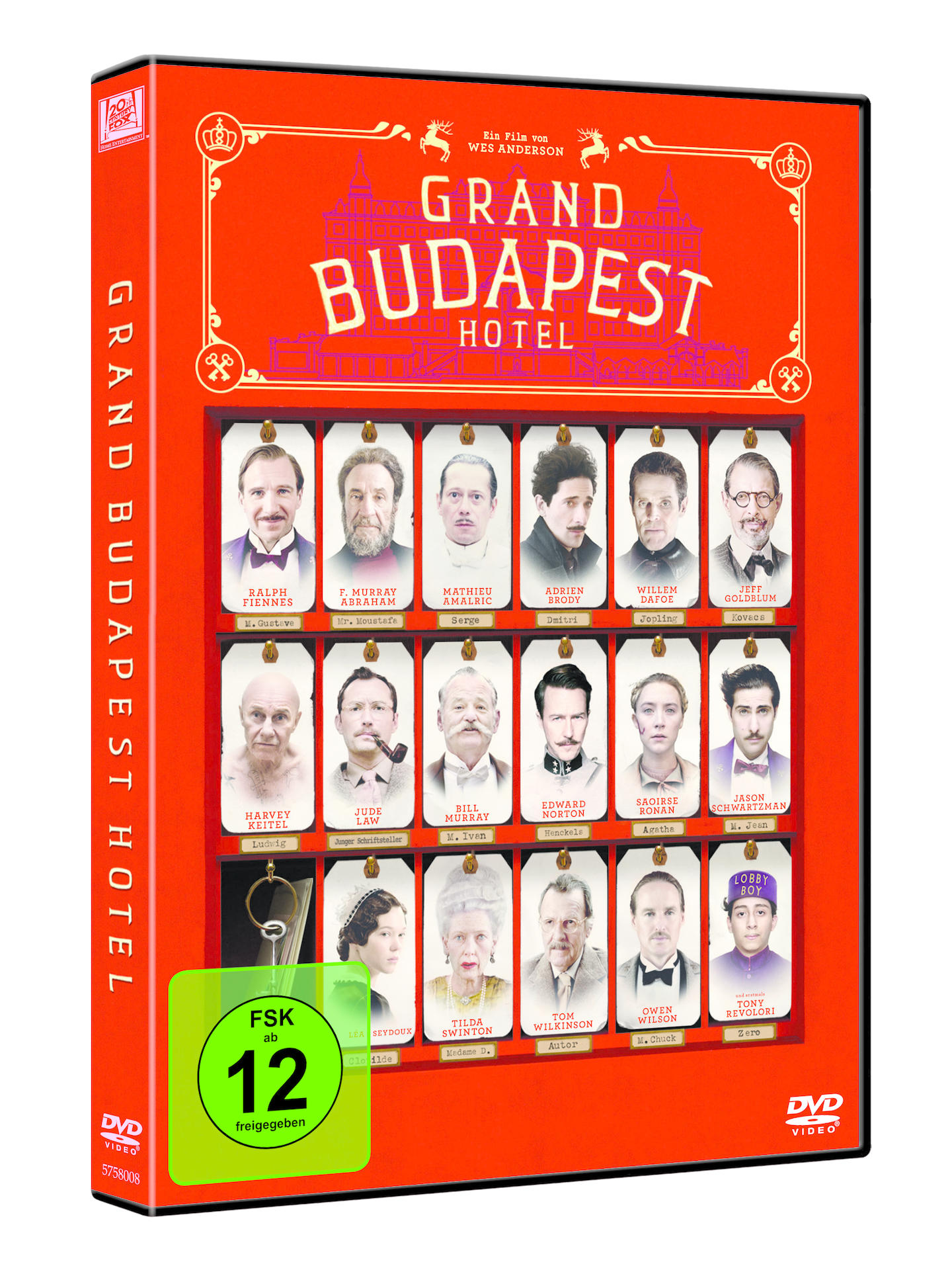 DVD-Hülle für Grand Budapest Hotel. Porträt von Schauspielern. Oranger Hintergrund und grünes Etikett. Filmbox.