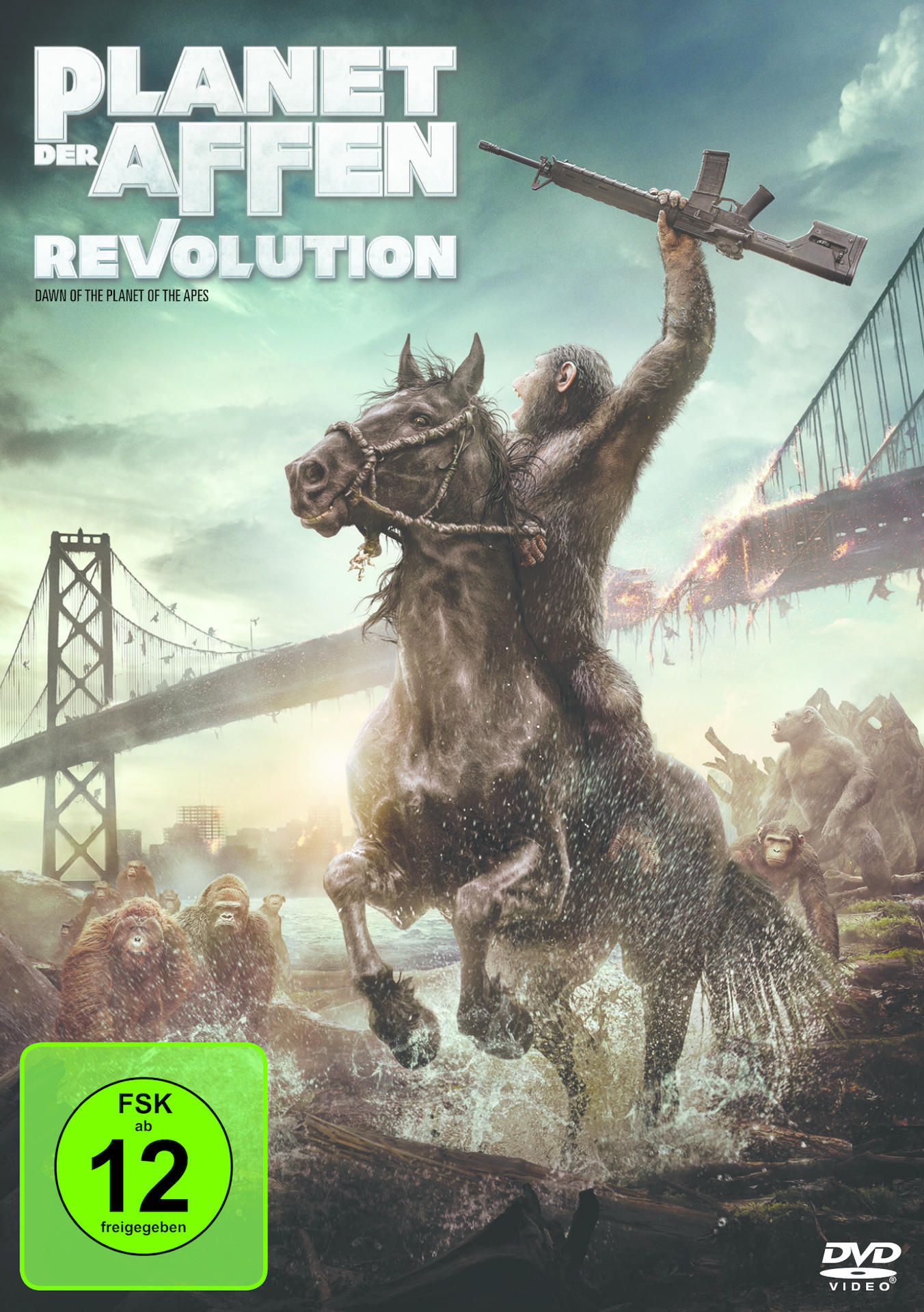 DVD-Cover von Planet der Affen: Revolution, Affe reitet Pferd, Brücke im Hintergrund.