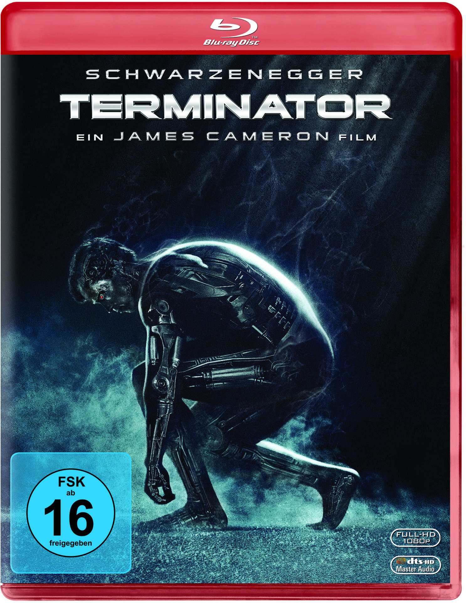 Terminator Blu-ray-Cover. Zeigt eine metallische Figur in dunkler Umgebung mit Rating-Label.